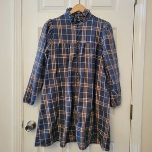 Womens Medium Plaid Long Sleeve Dress in Blue and Tan 100% Cotton